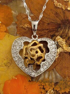 Sterling Silver Heart Rose Necklace CZ Two Tone 18" NWT